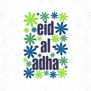 Kurban Bayramı metin ile yeşil ve mavi çiçekler.