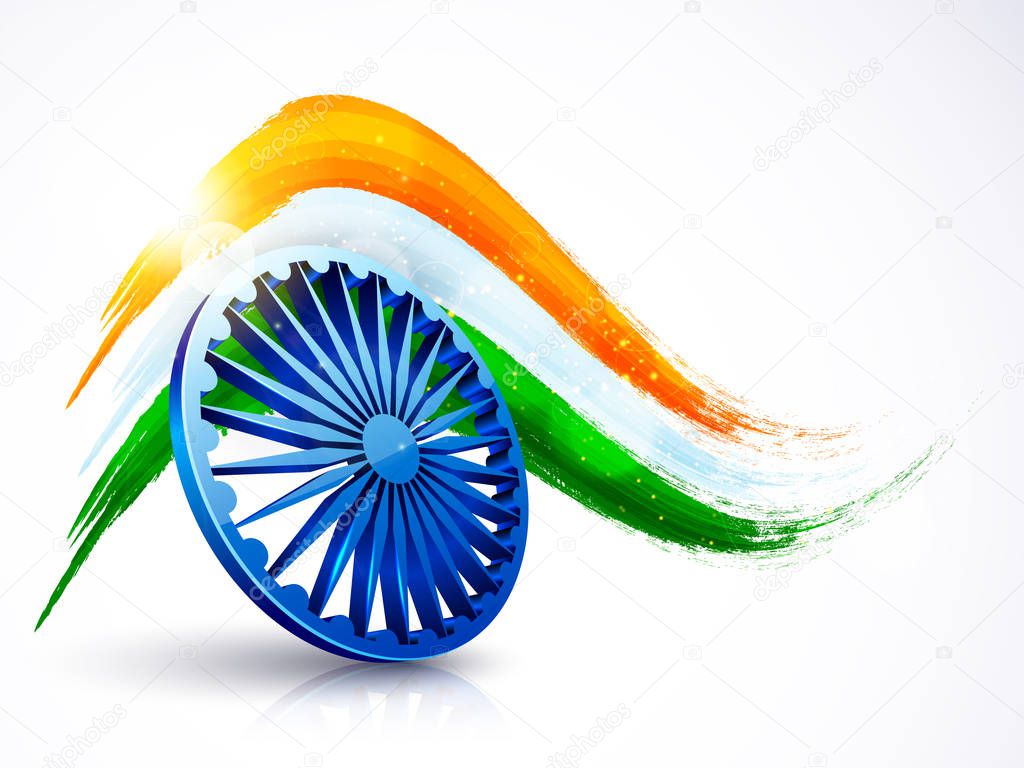 3D Ashoka Wheel with Indian Flag colors brush strokes.
