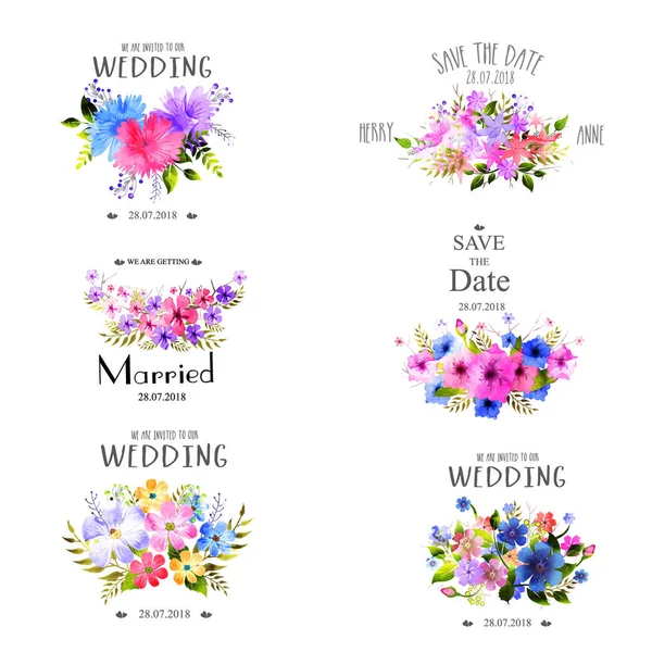 Wedding element set with watercolor flowers. — Stock Vector