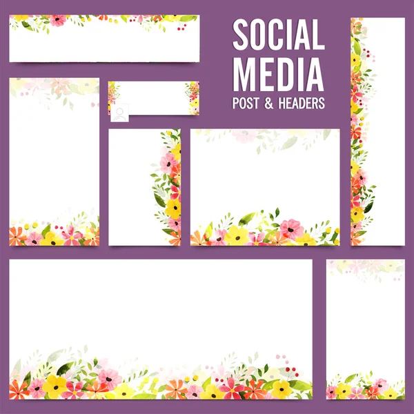 Κοινωνική Media post και κεφαλίδες με πολύχρωμα λουλούδια. — Διανυσματικό Αρχείο