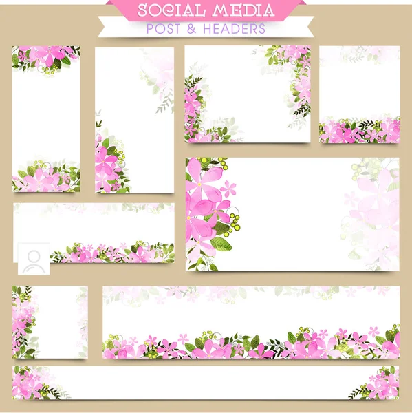Κοινωνική Media Post και κεφαλίδες με ροζ λουλούδια. — Διανυσματικό Αρχείο