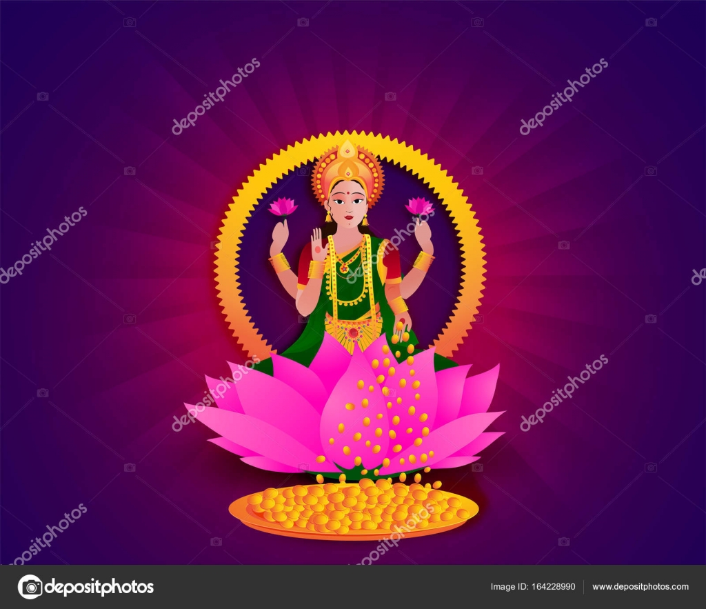 Hindu Goddess Lakshmi On Lotus Flower Stock Vector