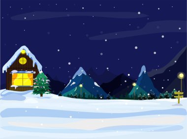 Mavi yılbaşı gecesini, kar yağışı arka plan, Hut ve Noel ağaçları.