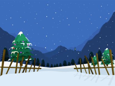 Blue Christmas night snowfalls background with Xmas Trees. clipart