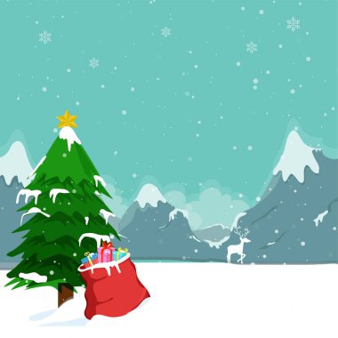 Noel ağacı ve Noel Baba'nın torba dolu hediyeler, kış geri