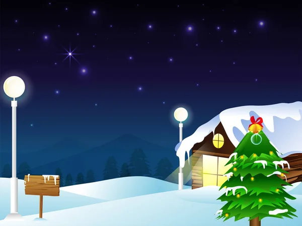 Noite de Natal azul, fundo de neve, cabana e árvores de Natal . — Vetor de Stock