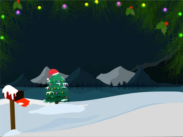 Noite de Natal fundo, Árvore de Natal, Boné de Papai Noel e Twinkling — Vetor de Stock