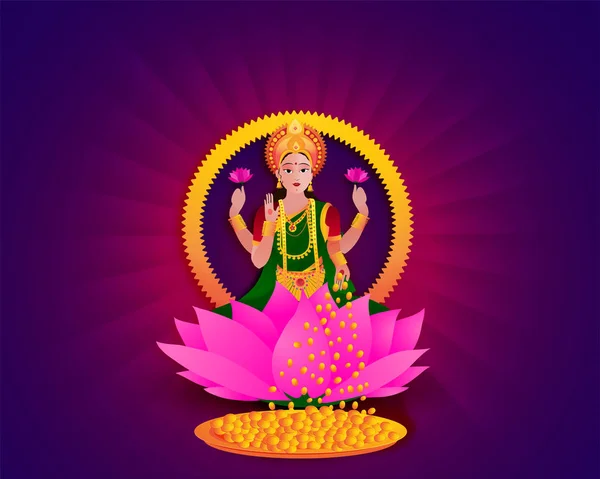 Hindu Goddess Lakshmi on lotus flower. — Stock Vector