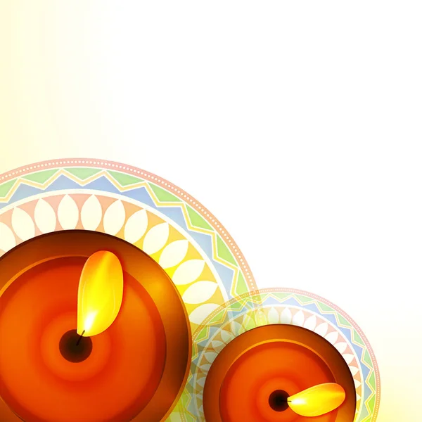 Illuminated oil lamps on floral mandala for Diwali. — Stock Vector