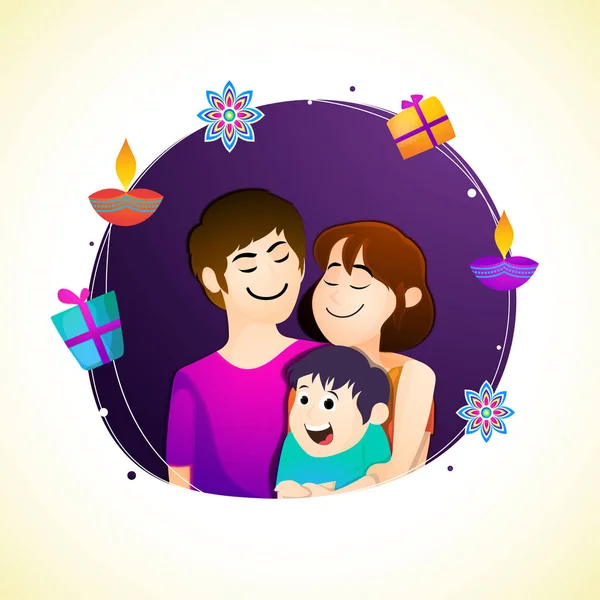 Χαριτωμένο οικογένεια γιορτάζει Diwali Φεστιβάλ. — Διανυσματικό Αρχείο