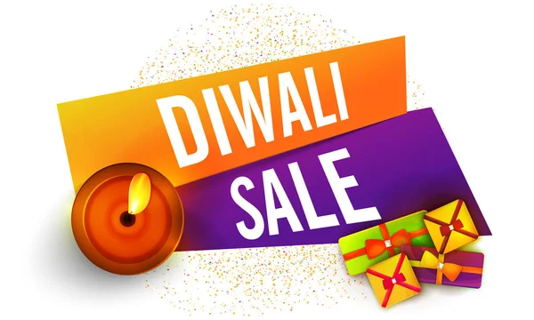 Σχεδιασμός banner Diwali πώληση με δώρα και λάμπα πετρελαίου. — Διανυσματικό Αρχείο