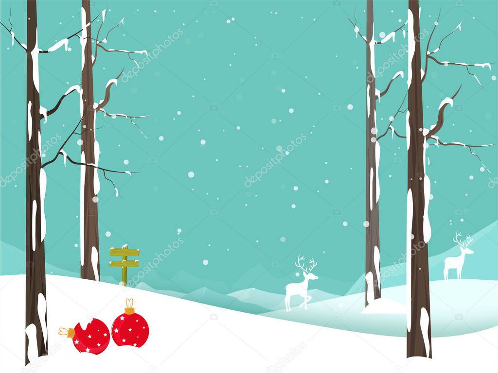 Winter Christmas Background with Reindeers, and Christmas Balls.