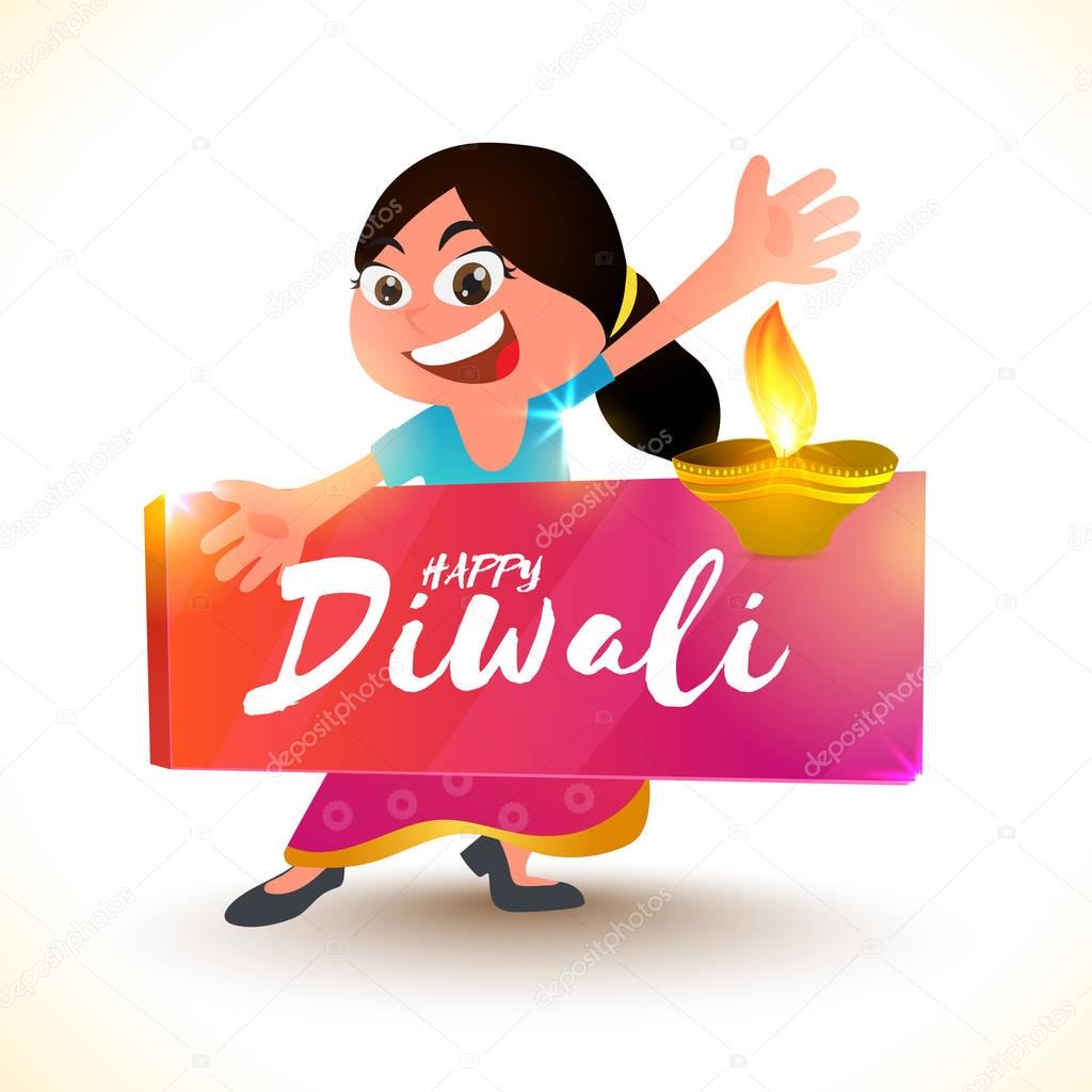 Cartoon girl for Happy Diwali celebration.