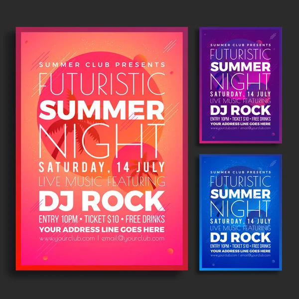 Summer Night Party Flyer Design Concept in drie verschillende kleuren — Stockvector