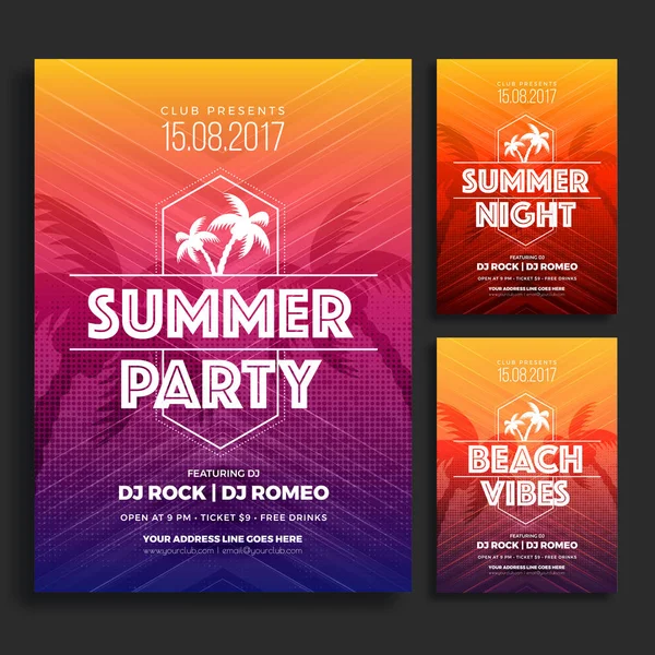 Estate partito volantino o poster design in tre colori diversi Opt — Vettoriale Stock