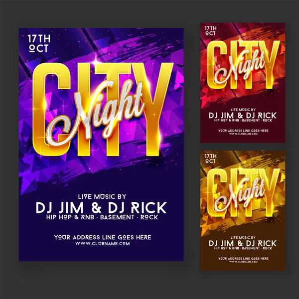 城市的夜晚聚会传单或海报设计的三种颜色选项 P — 图库矢量图片
