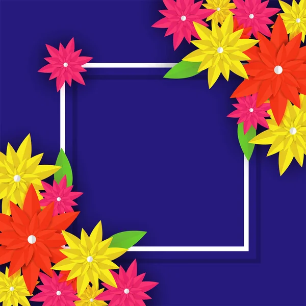 Барвисті паперові квіти з білою квадратною рамкою на синьому фоні — стоковий вектор
