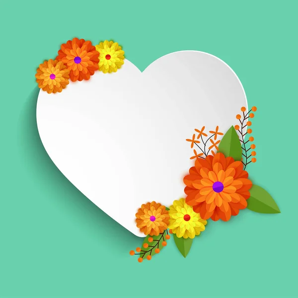 Corazón de papel blanco decorado con flores de colores . — Vector de stock
