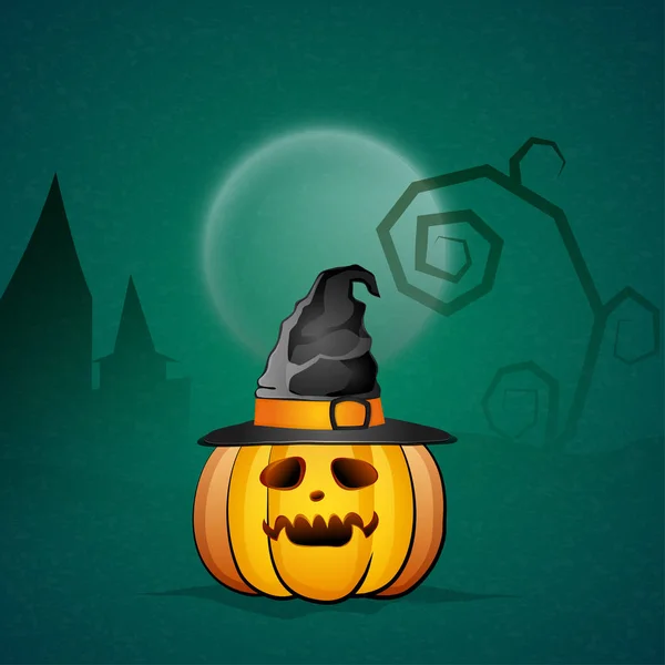 Halloween Night with pumpkin in witch hat. — Stock Vector