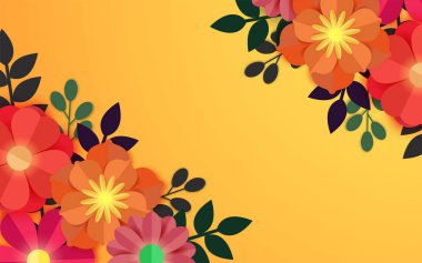 Sarı arka plan üzerinde renkli kağıt çiçekler.