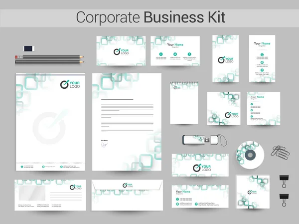 Corporate Business Kit met groene vierkantjes. — Stockvector
