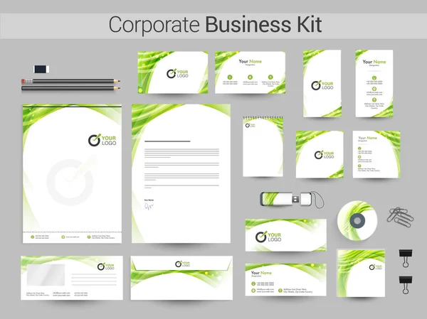 Corporate Identity Kit met groene abstract ontwerp. — Stockvector