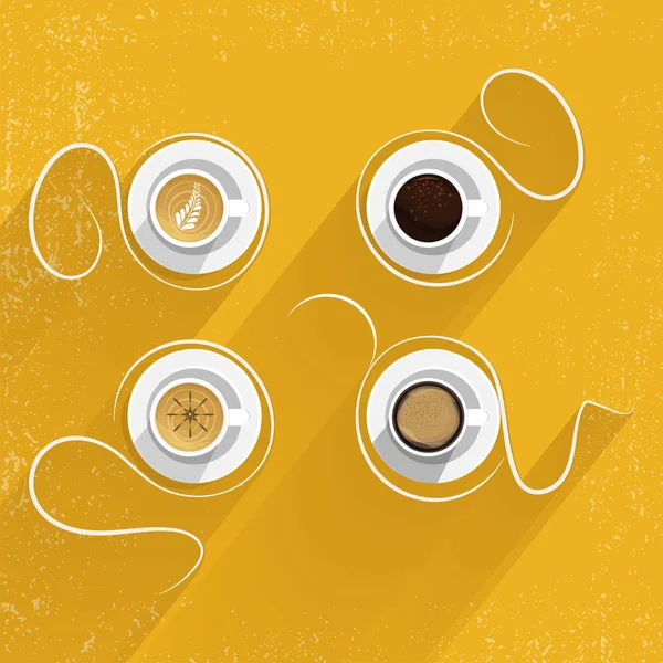 Cuatro tazas de café sobre fondo abstracto amarillo . — Archivo Imágenes Vectoriales