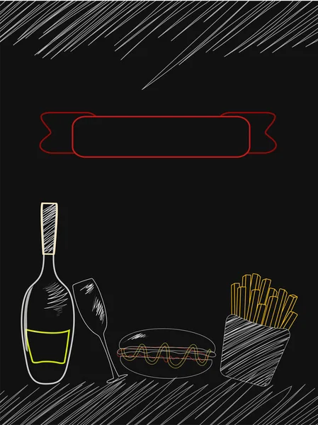 Mat och dryck koncept med champagne flaskan, hamburgare och fren — Stock vektor