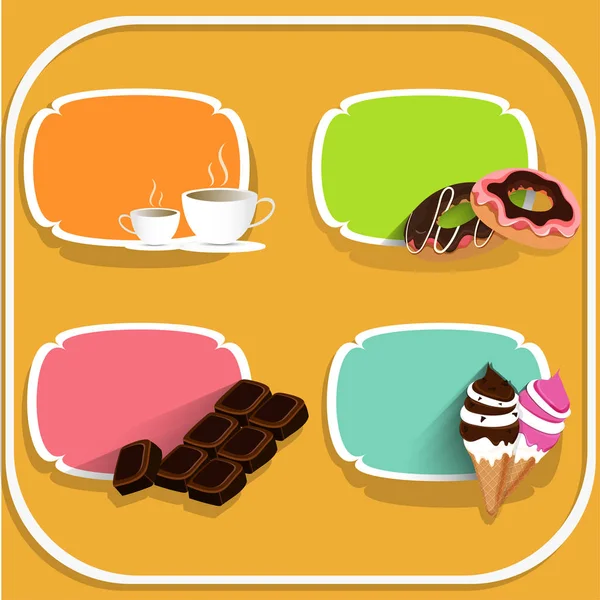 食品和饮料贴纸用咖啡，甜甜圈，巧克力和冰 — 图库矢量图片