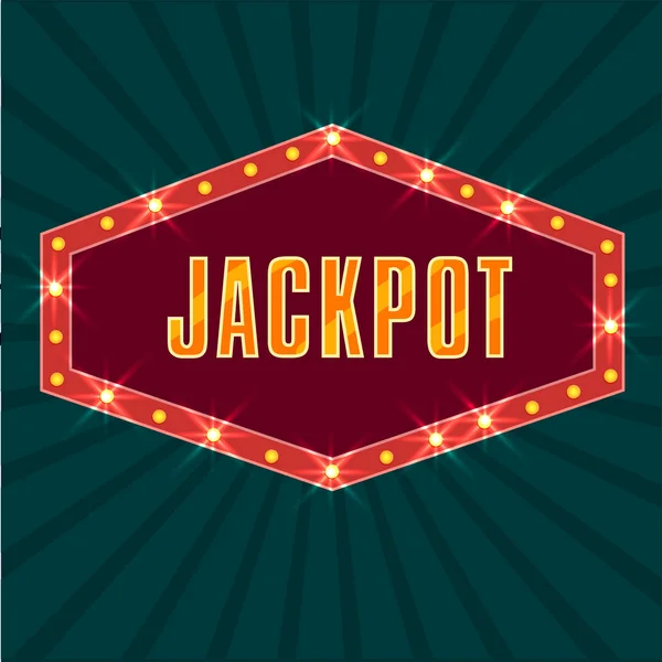 Jackpot text on marquee lights frame, retro green rays backgroun — Stock Vector