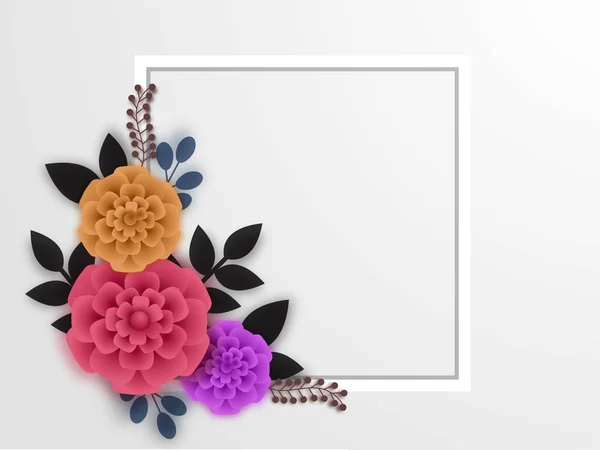 Hermosas flores de papel con marco cuadrado blanco . — Vector de stock