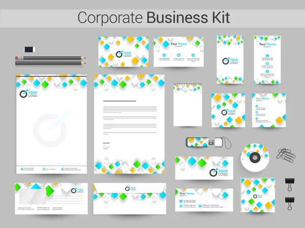 Corporate Business Kit met kleurrijke vierkantjes. — Stockvector