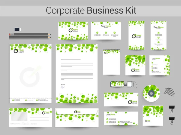 Corporate Business Kit met groene hexagonale vormen. — Stockvector