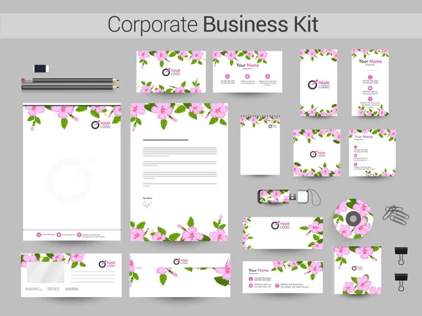 Corporate Business Kit with pink flowers decoration. — Stock Vector
