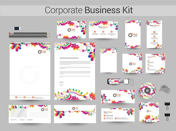 Corporate Business Kit mit bunten floralen Elementen. — Stockvektor