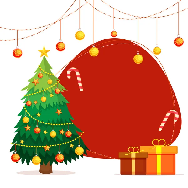 Frohe Weihnachten Hintergrund mit hängenden Weihnachtskugeln, Weihnachtsbaum, ein — Stockvektor