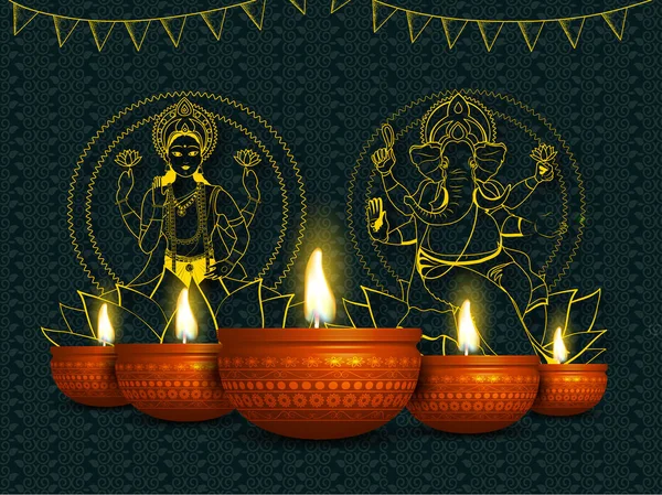 Γραμμική απεικόνιση του ο Λόρδος Γκανέσα με θεά Lakshmi για Diw — Διανυσματικό Αρχείο