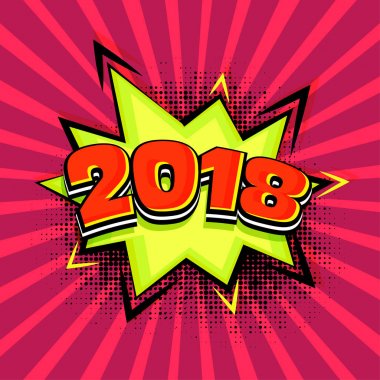 Popart illüstrasyon, 2018 retro üzerinde ışınları arka plan.