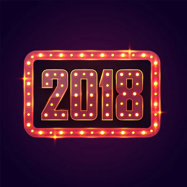 Text 2018 mit Festzeltbeleuchtung auf lila Hintergrund. frohes neues Jahr — Stockvektor