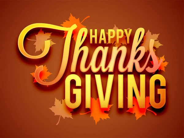 Texte doré Happy Thankgsgiving avec feuilles d'automne sur fond rouge — Image vectorielle