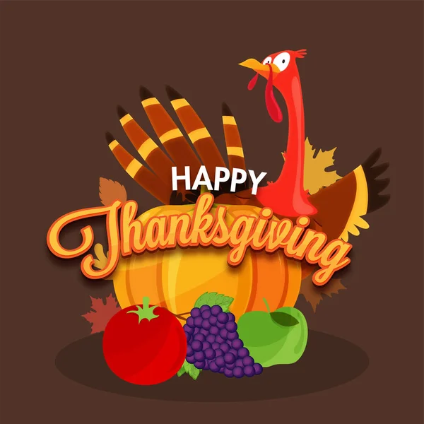 Happy Thanksgiving Day concept with cartoon turkey, tomato, grap — Stock Vector