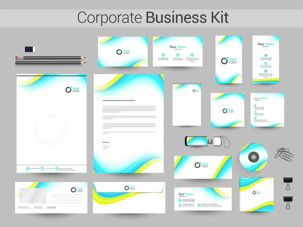 Corporate Business Kit mit grünen und himmelblauen Wellen. — Stockvektor