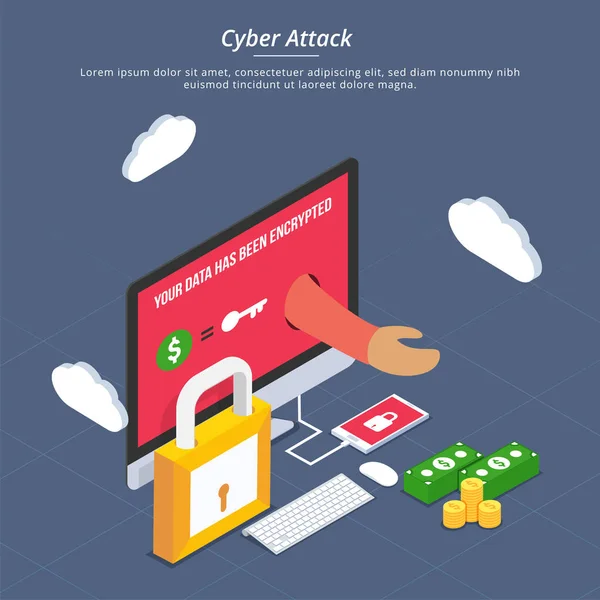 Cyber-attaques sur Internet, phishing et fraude, diable, et la sécurité co — Image vectorielle