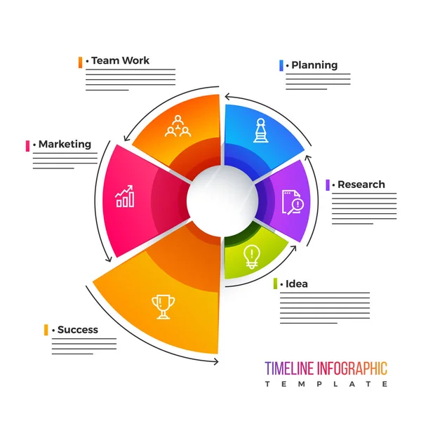 Timeline Infographics layout with six(6) steps like, idea, resea — Stock Vector