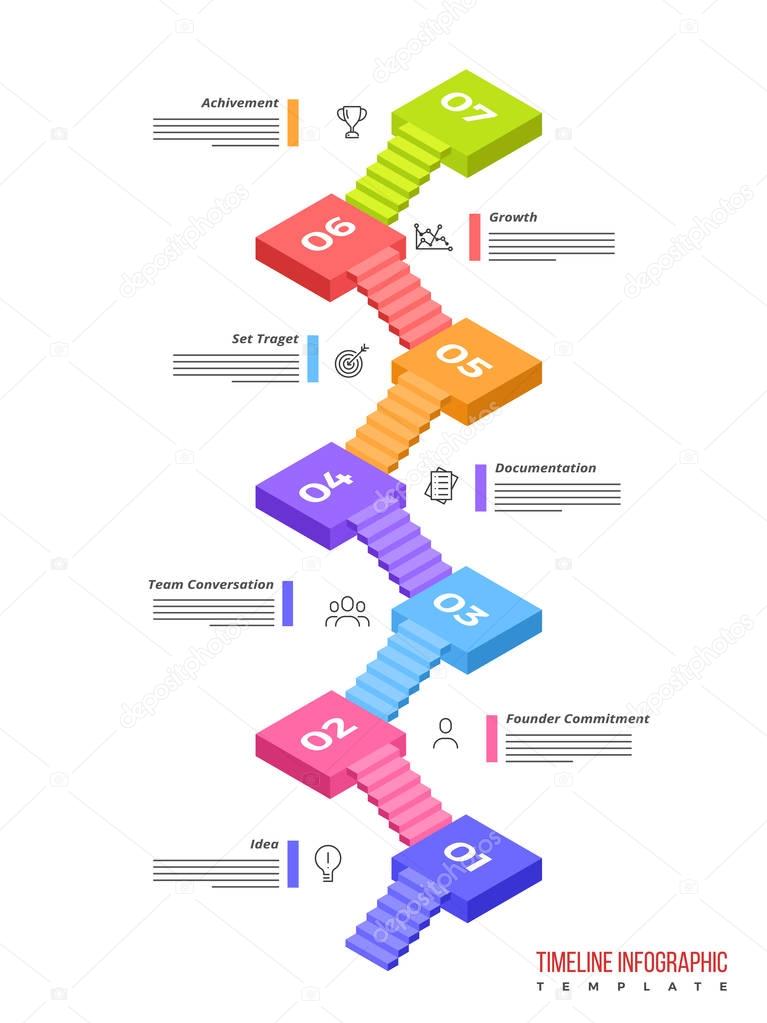3D Timeline Infographics layout with seven(7) steps.