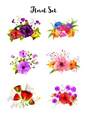 Suluboya çiçek kümesi, sanatsal buket topluluğu.