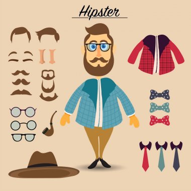 Hippi erkek karakteri hipster öğeler ve simgeler ile