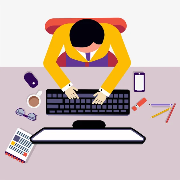 Vue du dessus du lieu de travail de l'employé, Homme travaillant sur un bureau . — Image vectorielle