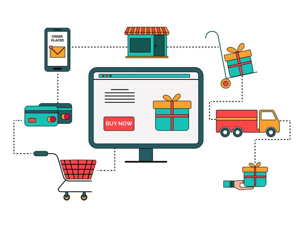 Online shopping infographic processdiagram i platt stil. — Stock vektor