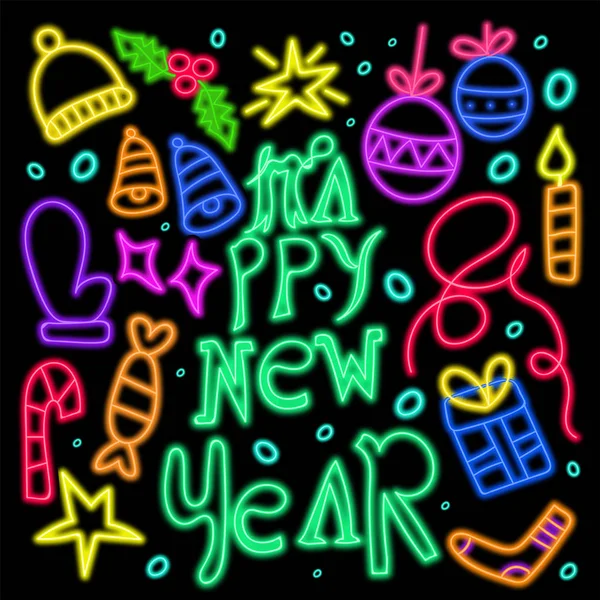 Yeni yıl kutlamaları için desen parlak neon ışıkları doodle. — Stok Vektör